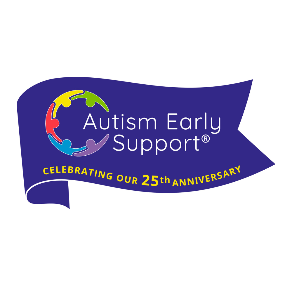 Blue flag holding the text Autism Early Support, celebrating our 25th anniversary